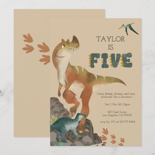 Dinosaur 5e verjaardag uitnodiging (Voorkant / Achterkant)