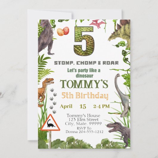 Dinosaur 5e verjaardagsfeest uitnodiging voor jong (Voorkant)