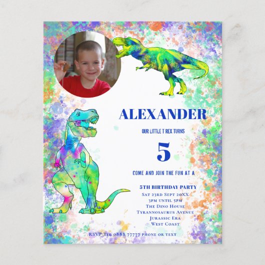 Dinosaur 5th Birthday Colorful Photo Budget Flyer (Voorkant)