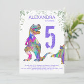 Dinosaur 5th Birthday Party for Girls paars Kaart (Staand voorkant)
