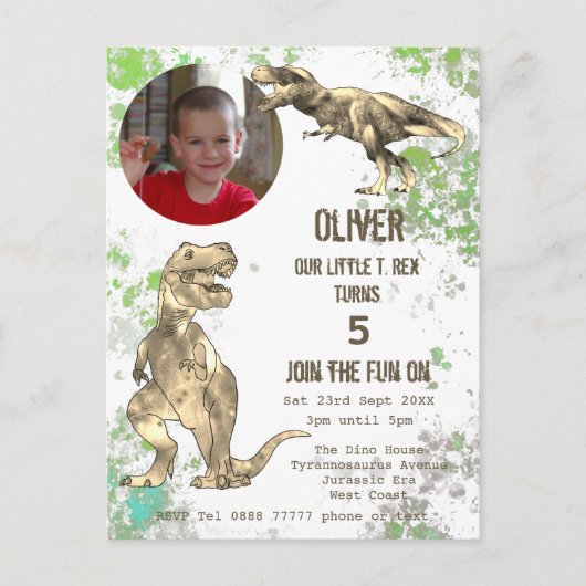 Dinosaur 5th Birthday Party T Rex boys Foto groen Uitnodiging Briefkaart (Voorkant)