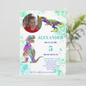 Dinosaur 5th Birthday Photo Invitation Kaart (Staand voorkant)
