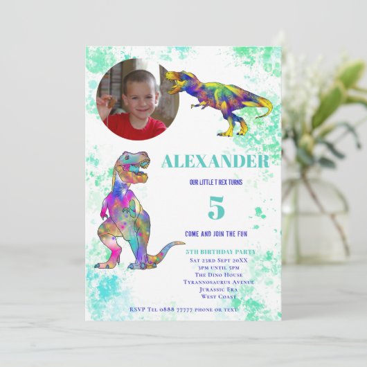 Dinosaur 5th Birthday Photo Invitation Kaart (Staand voorkant)