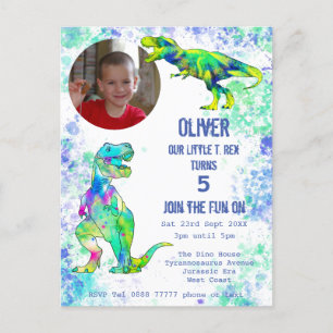 Dinosaur 5th Birthday T Rex Boys Foto Green Blue Uitnodiging Briefkaart