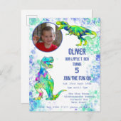 Dinosaur 5th Birthday T Rex Boys Foto Green Blue Uitnodiging Briefkaart (Voorkant / Achterkant)