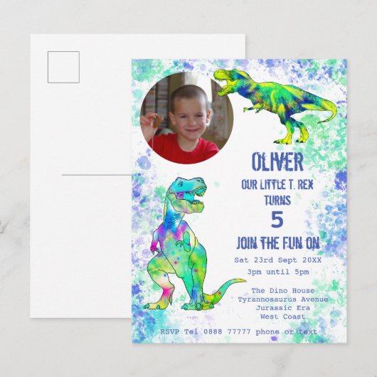 Dinosaur 5th Birthday T Rex Boys Foto Green Blue Uitnodiging Briefkaart (Voorkant / Achterkant)