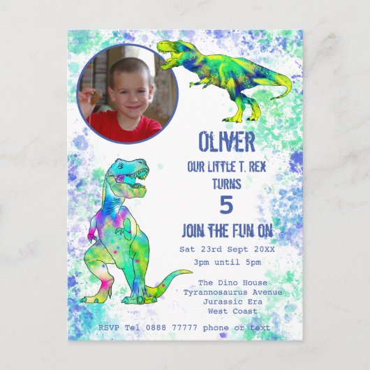 Dinosaur 5th Birthday T Rex Boys Foto Green Blue Uitnodiging Briefkaart (Voorkant)