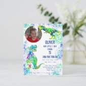 Dinosaur 5th Birthday T Rex Boys Foto Green Blue Uitnodiging Briefkaart (Staand voorkant)