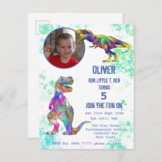Dinosaur 5th Birthday T Rex Boys Foto kleurrijk Uitnodiging Briefkaart (Voorkant / Achterkant)