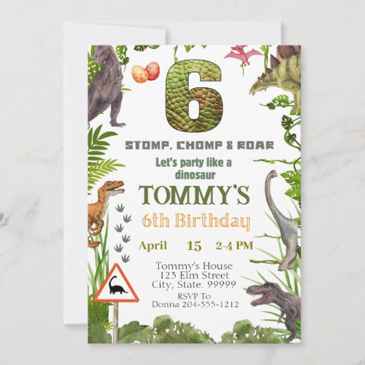 Dinosaur 6e verjaardagsfeest uitnodiging (Voorkant)