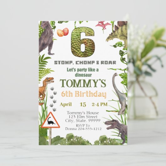 Dinosaur 6e verjaardagsfeest uitnodiging (Staand voorkant)