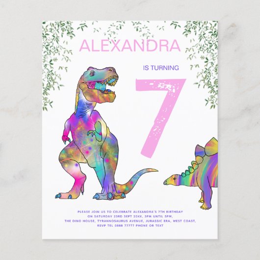 Dinosaur 7e Verjaardagsfeest Roze Budget (Voorkant)