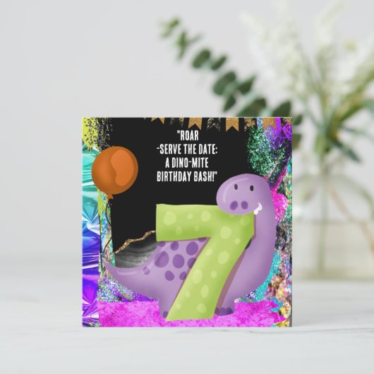 Dinosaur 7th Birthday Party Save The Date (Staand voorkant)