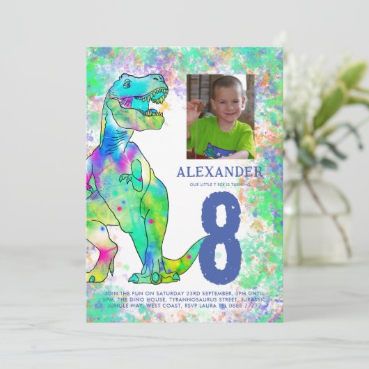 Dinosaur 8e Verjaardagsfeest Foto Blauw Kaart (Staand voorkant)