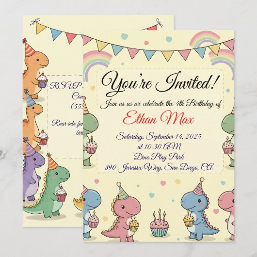 Dinosaur Adventure Verjaardag Uitnodiging (Voorkant / Achterkant)