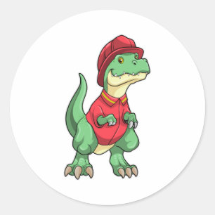 Dinosaur als brandweerman met brandhelm ronde sticker
