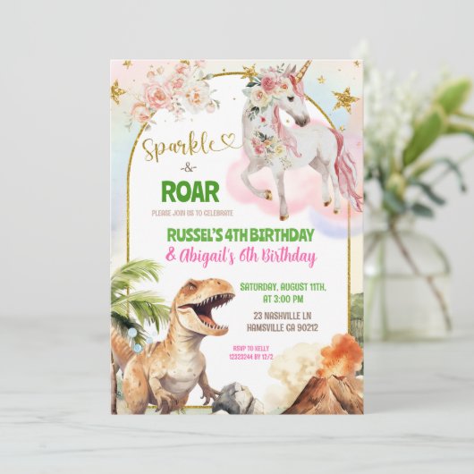 Dinosaur and Rainbow Pastel Unicorn Joint Birthday Kaart (Staand voorkant)