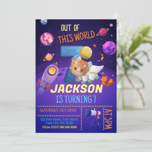 Dinosaur Astronaut 8e verjaardag Uitnodiging (Staand voorkant)