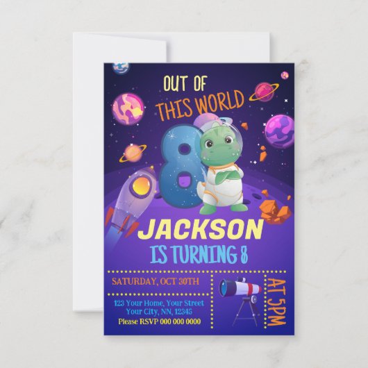 Dinosaur Astronaut 8e verjaardag Uitnodiging (Voorkant)