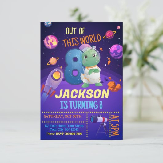 Dinosaur Astronaut 8e verjaardag Uitnodiging (Staand voorkant)