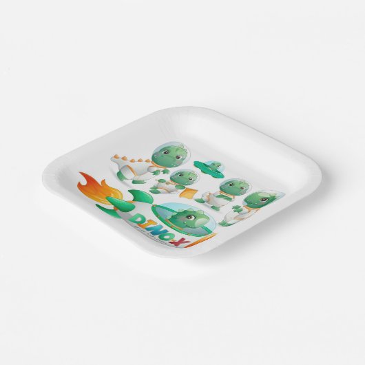 Dinosaur Astronaut Rocketship Boy Birthday Party Papieren Bordje (Gebogen)