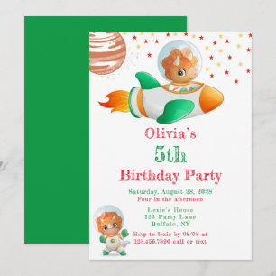 Dinosaur Astronaut Rocketship Girl Birthday Party Kaart