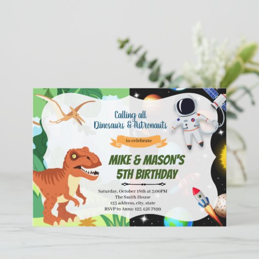 Dinosaur astronauts roetsenfeest kaart (Staand voorkant)