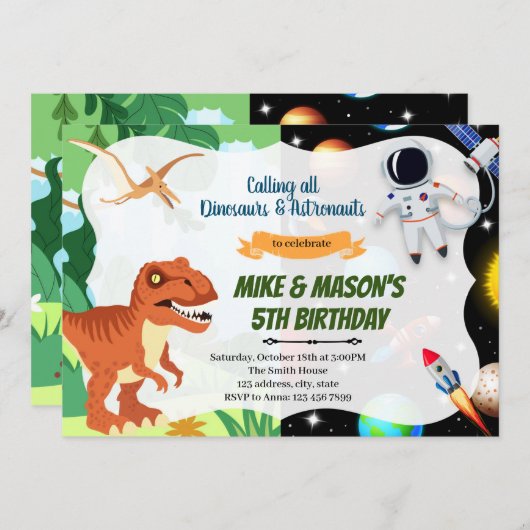 Dinosaur astronauts roetsenfeest kaart (Voorkant / Achterkant)