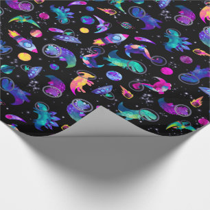 Dinosaur Astronauts Waterverf Space Dino Birthday Cadeaupapier