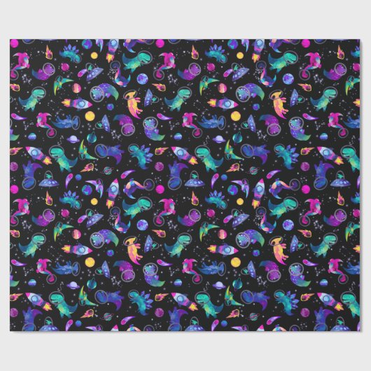 Dinosaur Astronauts Waterverf Space Dino Birthday Cadeaupapier (Vlak)