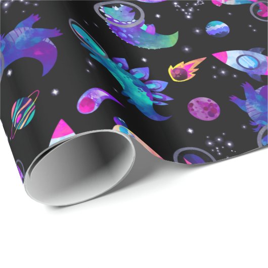 Dinosaur Astronauts Waterverf Space Dino Birthday Cadeaupapier (Rol Hoek)