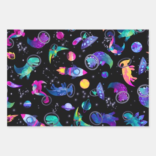 Dinosaur Astronauts Waterverf Space Dino Birthday Inpakpapier Vel (Voorkant 2)