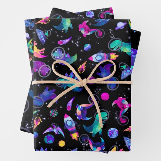 Dinosaur Astronauts Waterverf Space Dino Birthday Inpakpapier Vel (In situ)