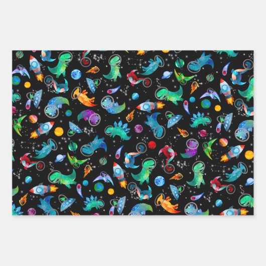 Dinosaur Astronauts Waterverf Space Dino Birthday Inpakpapier Vel (Voorkant)