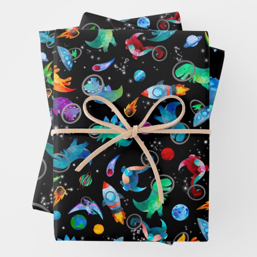 Dinosaur Astronauts Waterverf Space Dino Birthday Inpakpapier Vel (In situ)