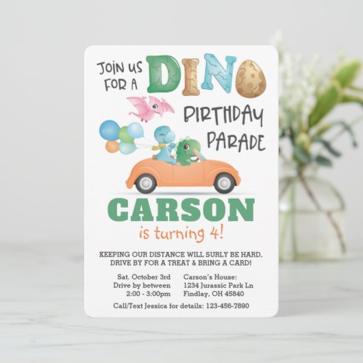 Dinosaur-auto van Birthday Parade Party Kaart (Staand voorkant)