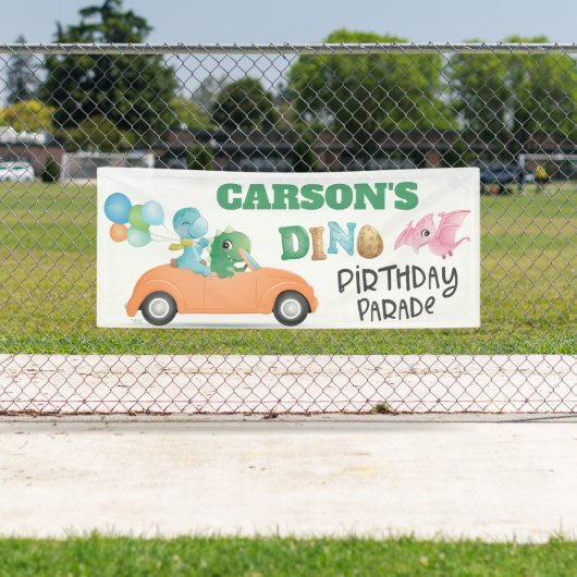 Dinosaur-auto van Birthday Parade Party Spandoek (Insitu)