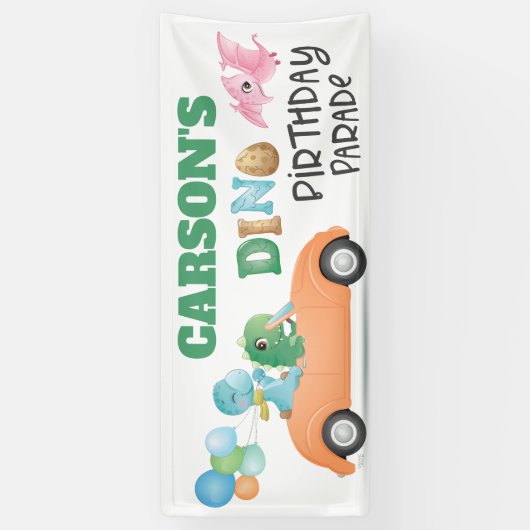 Dinosaur-auto van Birthday Parade Party Spandoek (Verticaal)