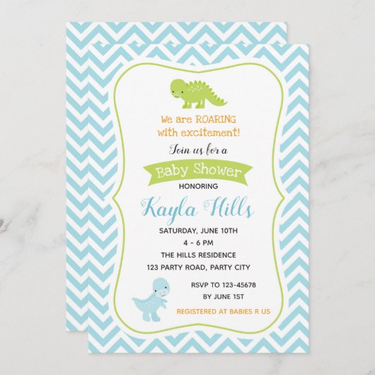 Dinosaur Baby Boy Shower Invitations (pastel) Kaart (Voorkant / Achterkant)