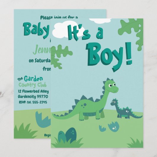 Dinosaur Baby Boy Showparty uitnodiging (Voorkant / Achterkant)
