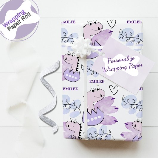 Dinosaur Baby Girl Pink Paarse Waterverf Cadeaupapier