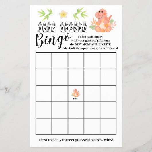 Dinosaur Baby shower Bingo Game Kaart (Voorkant)