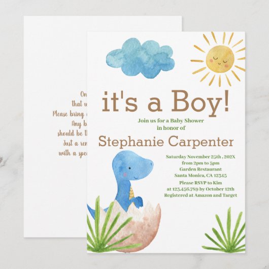 Dinosaur Baby shower Boy Invitation Kaart (Voorkant / Achterkant)