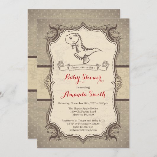 Dinosaur Baby shower Invitation  Retro Kaart (Voorkant / Achterkant)
