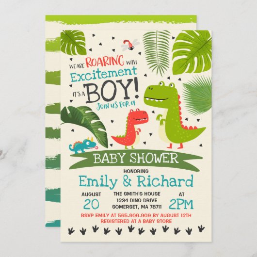 Dinosaur Baby shower Invitation T-Rex Baby shower Kaart (Voorkant / Achterkant)
