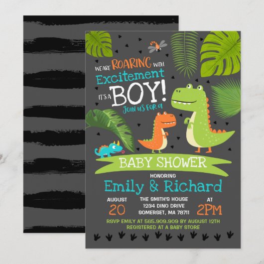 Dinosaur Baby shower Invitation T-Rex Baby shower Kaart (Voorkant / Achterkant)