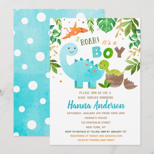 Dinosaur Baby Shower Invitations Baby Boy Dino Kaart (Voorkant / Achterkant)