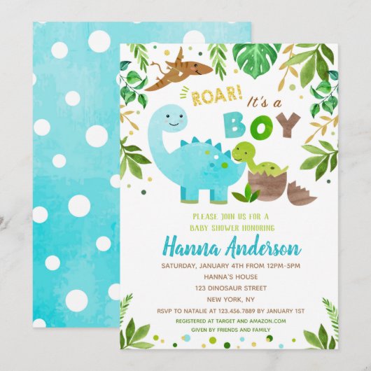Dinosaur Baby Shower Invitations Baby Boy Dino Kaart (Voorkant / Achterkant)