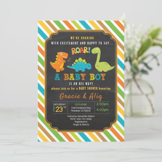 Dinosaur baby shower nodigt BOY uit Kaart (Staand voorkant)