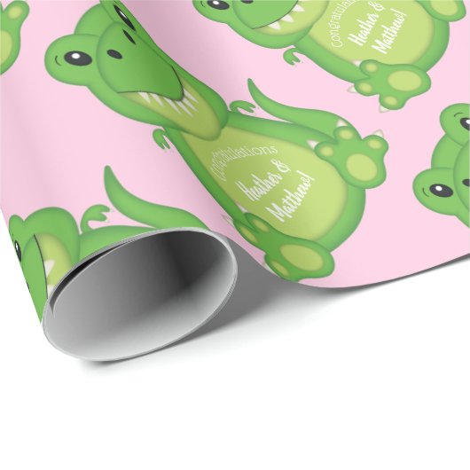 Dinosaur Baby shower T-Rex Pink Girl Cadeaupapier (Rol Hoek)